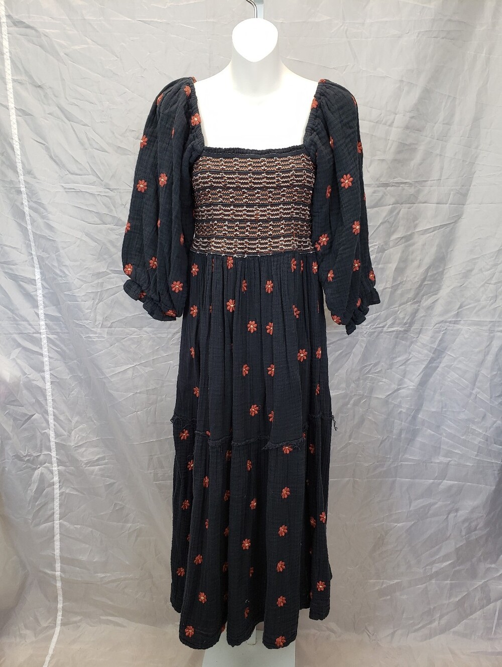 Free People Dahlia Embroidered Maxi Dress Black Combo Smocked Size Medium - Picture 3 of 12
